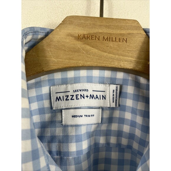 Mizzen Main Shirt Mens Medium Blue Trim Fit Gingham Check Performance Stretch - Picture 2 of 7